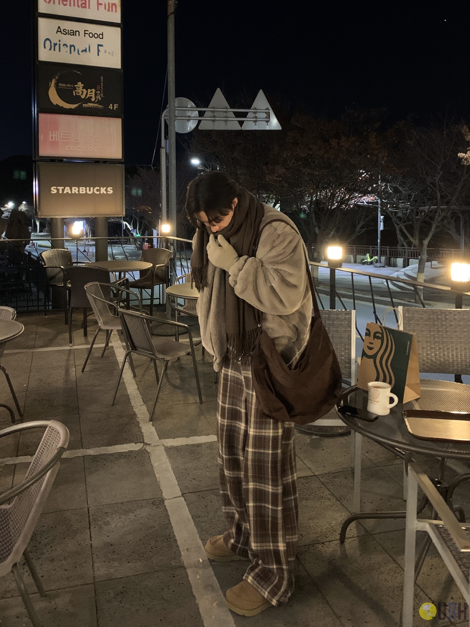 【100%保證韓國直送】極致保暖全羊羔絨內裡經典格紋闊腳長褲 Wide Pants [3 color] RL114698