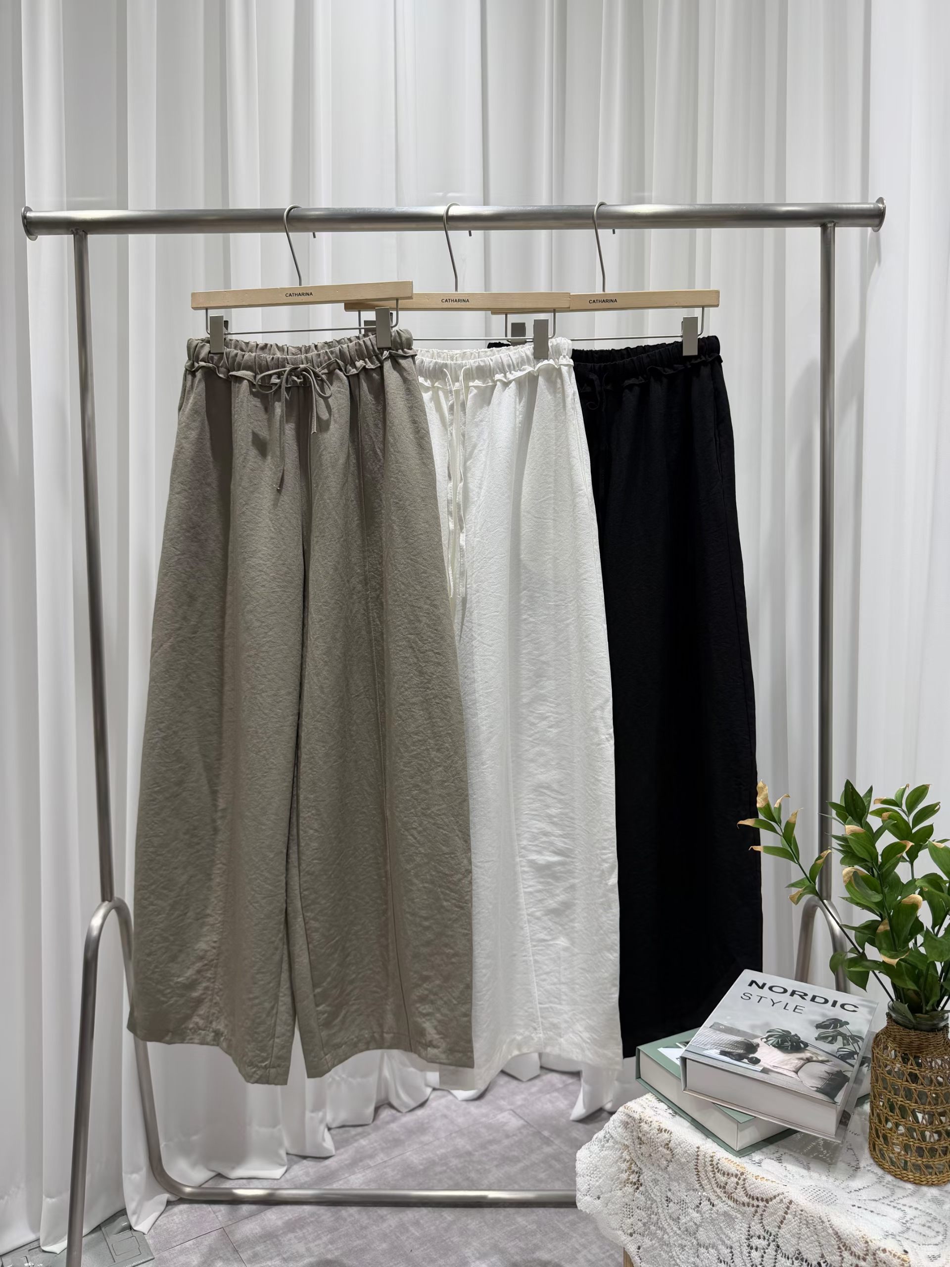 CT21 韓系抽繩鬆緊高腰闊腿褲