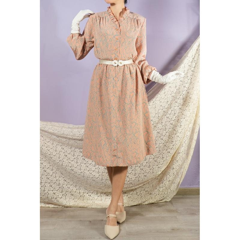 Vintage Japanese Irregular Pattern Ruffle Collar Nude Colour Day Dress / Long Sleeve Vintage Dress (MT1608-115)
