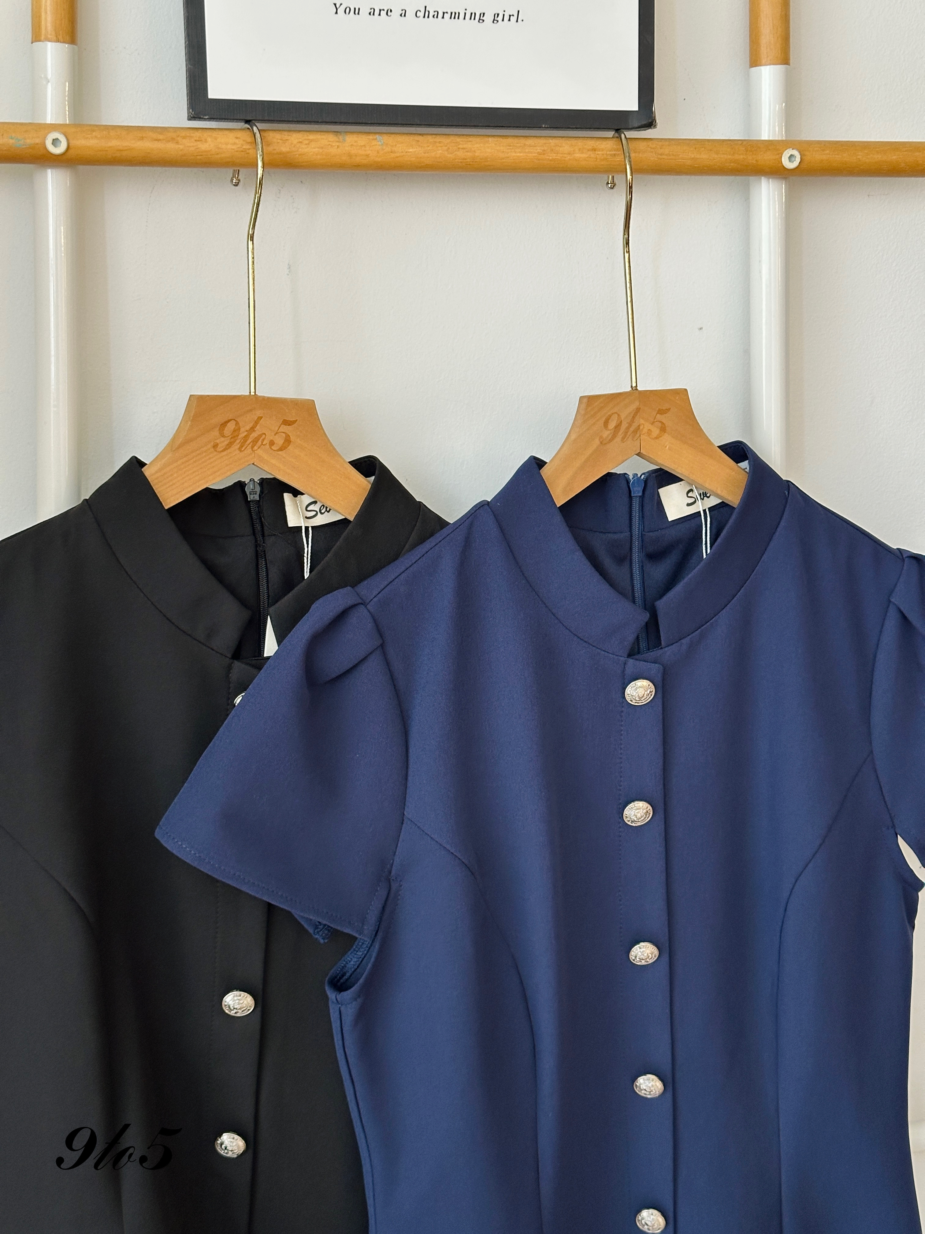 D2313 Puff Sleeve Stand Collar Dress - 3 Colors