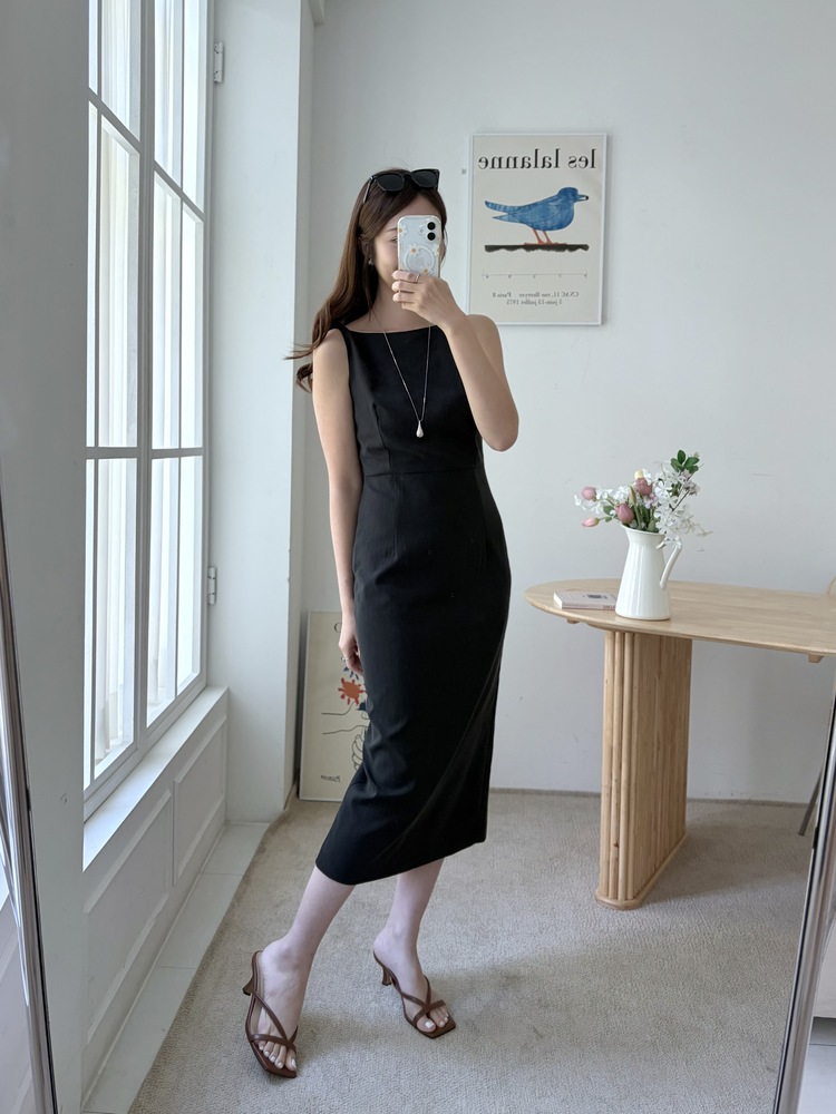 Linen Blend Twisted Strap Dress (Black)