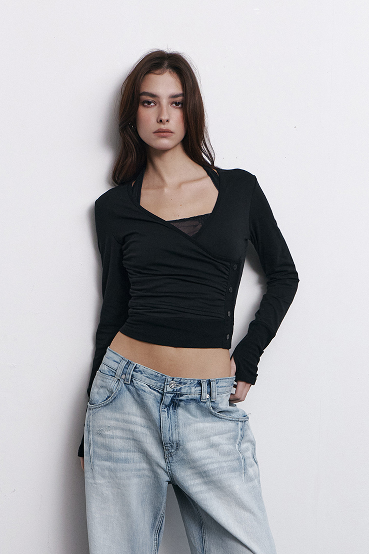 pleaseNOFOLLOW - Selena Button Wrap long sleeve Top (Black)