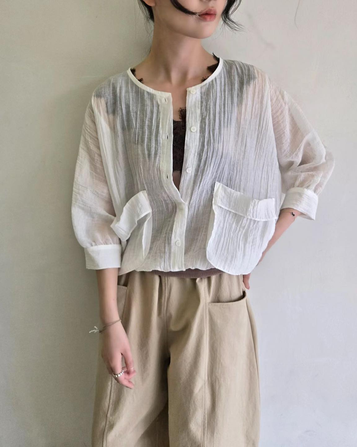 可束腳中袖皺皺恤衫外套