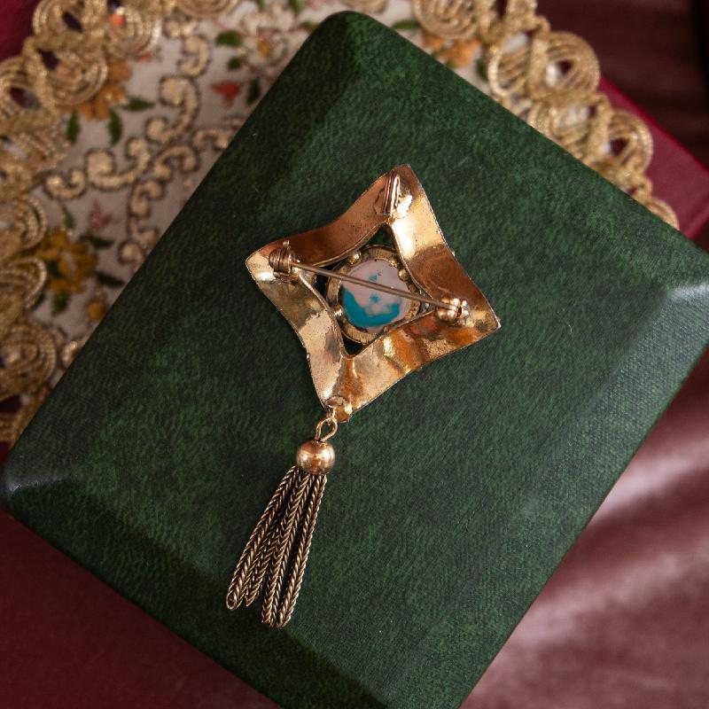 C.a. 1950-60s Victorian Revival Turquoise Paste Cabochon Tassel Brooch(EA1863)