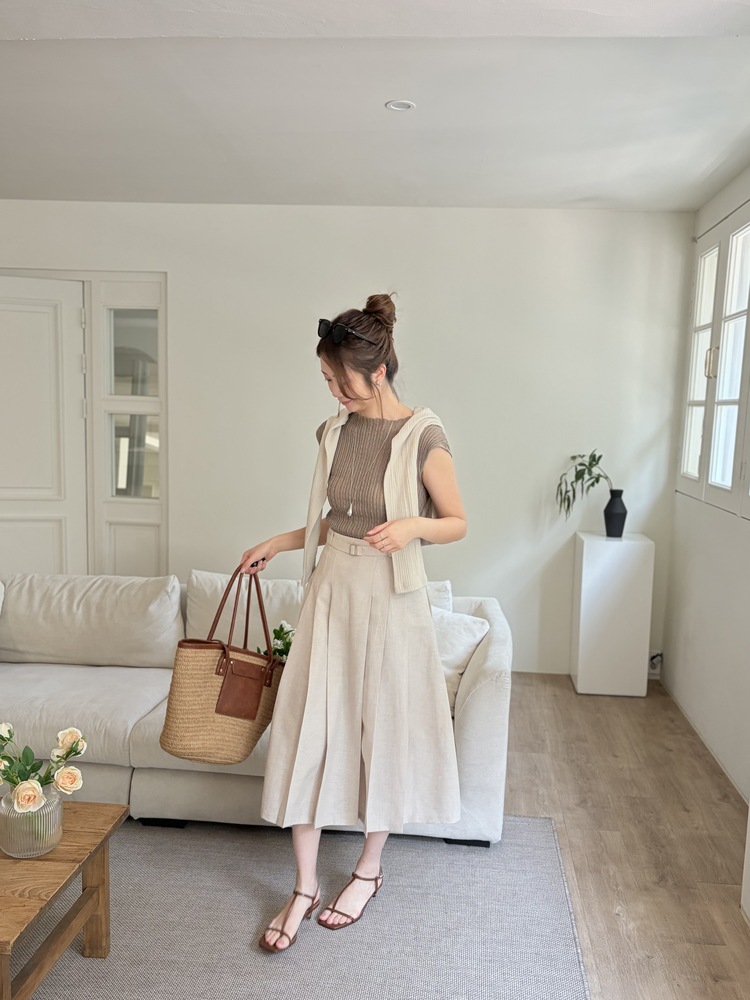 Linen Blend Pleated Skirt (Oat)