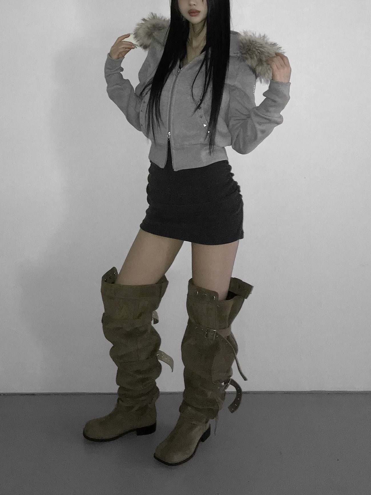 Suede Buckle Long High Boots