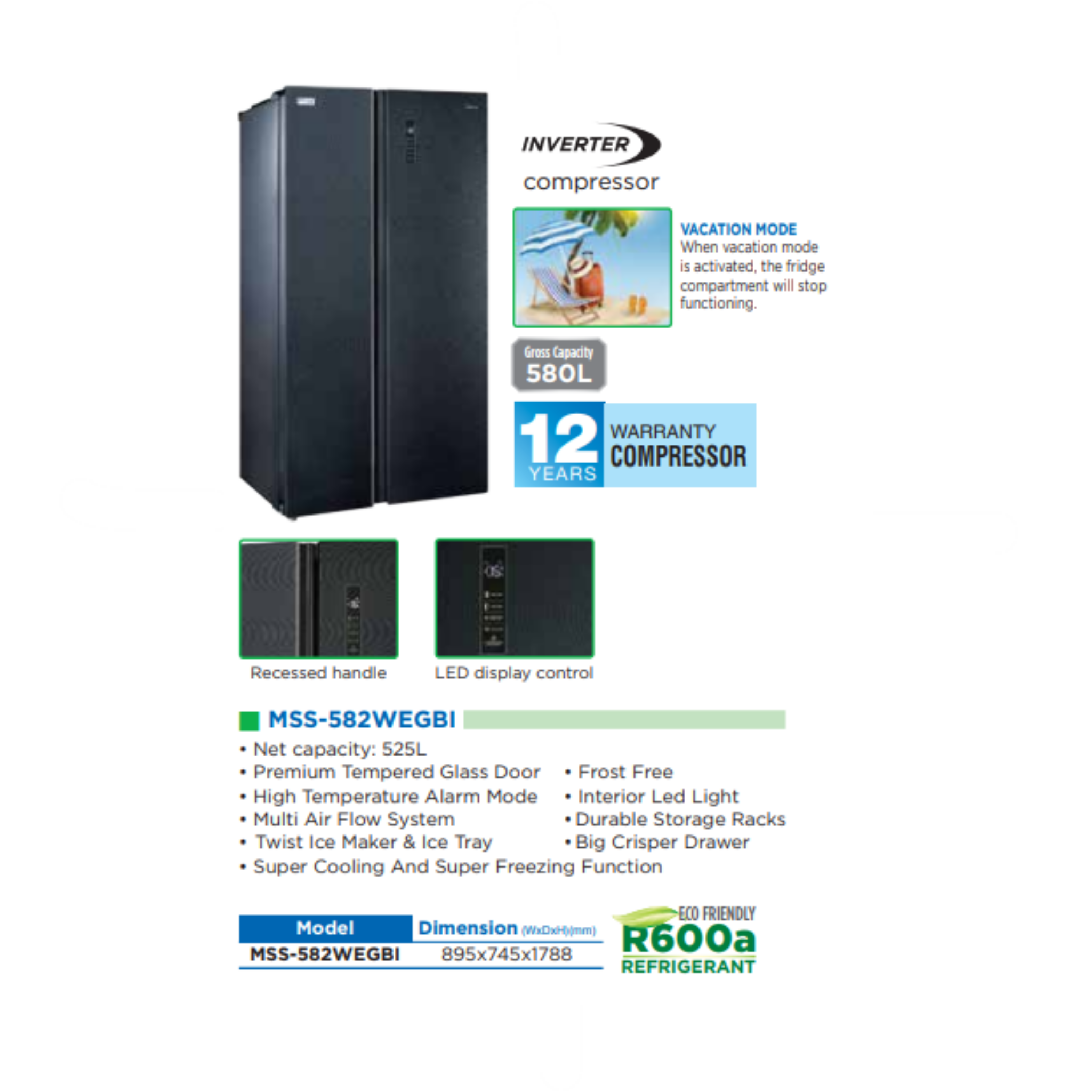 Midea 580L Side By Side Refrigerator MSS-582WEGBI