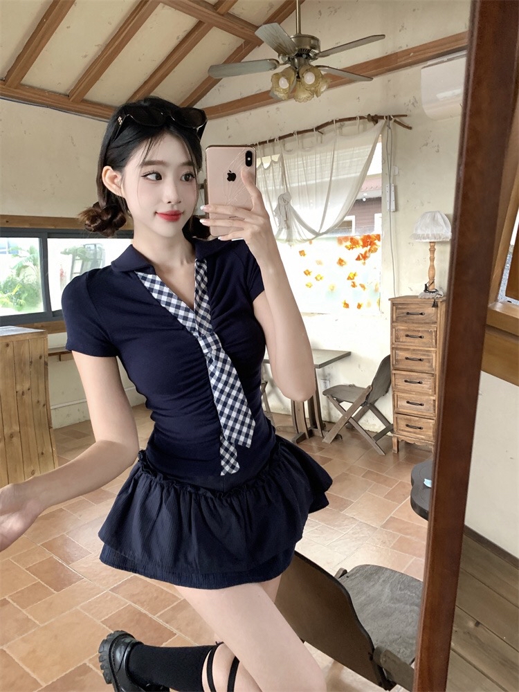 B184(18868) 韩系气质格纹领带边褶皱腰上衣与双层荷叶短裙蓝套装