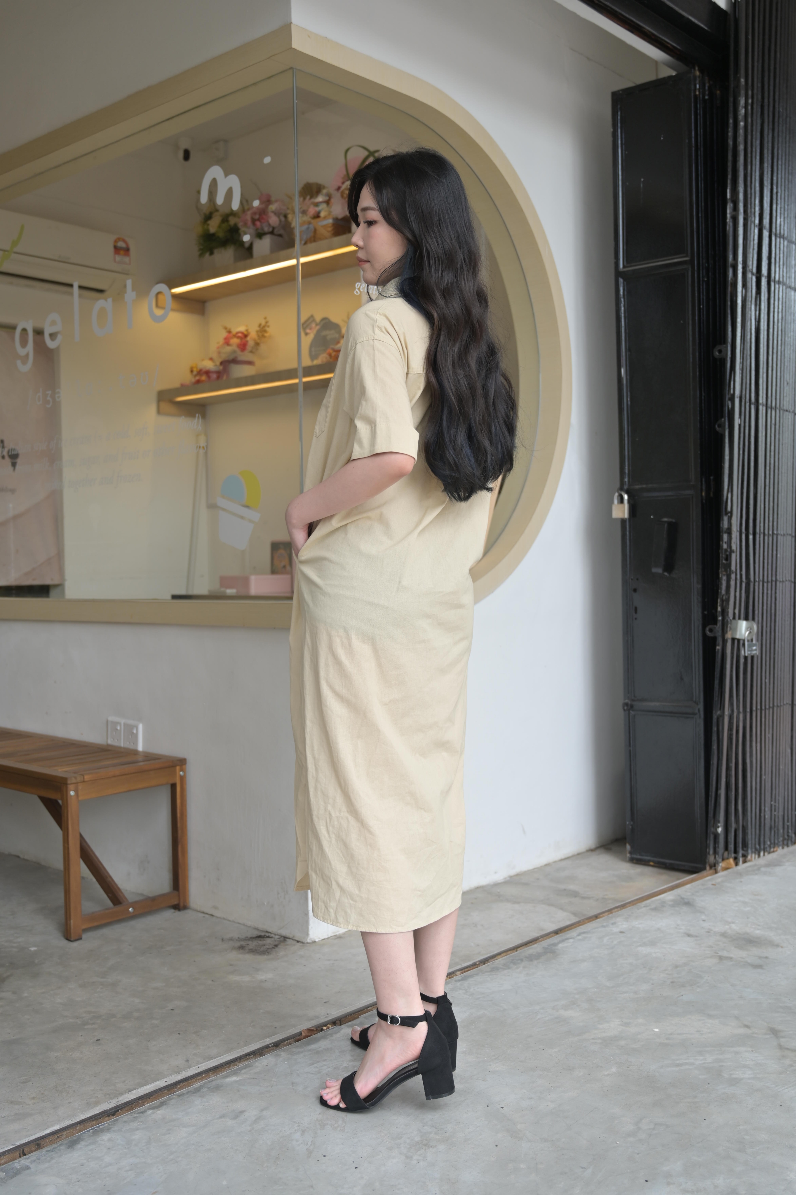Relaxed Fit Cotton-Linen Shirt Dress with Full Button Front‖ 棉麻质感宽松排扣衬衫式连衣裙 KR029445