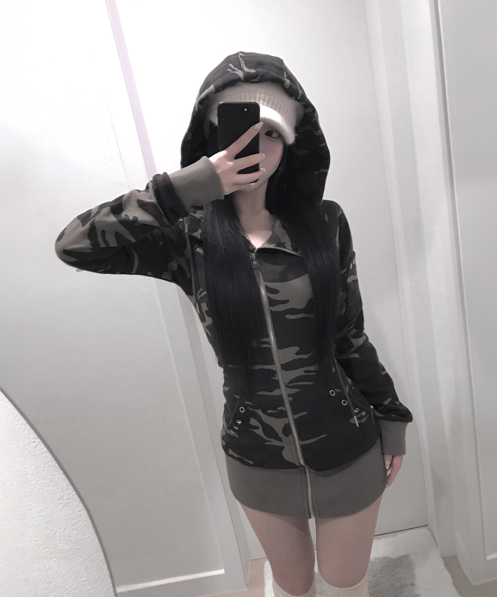 Camo Zip-Up Hooded Mini Dress