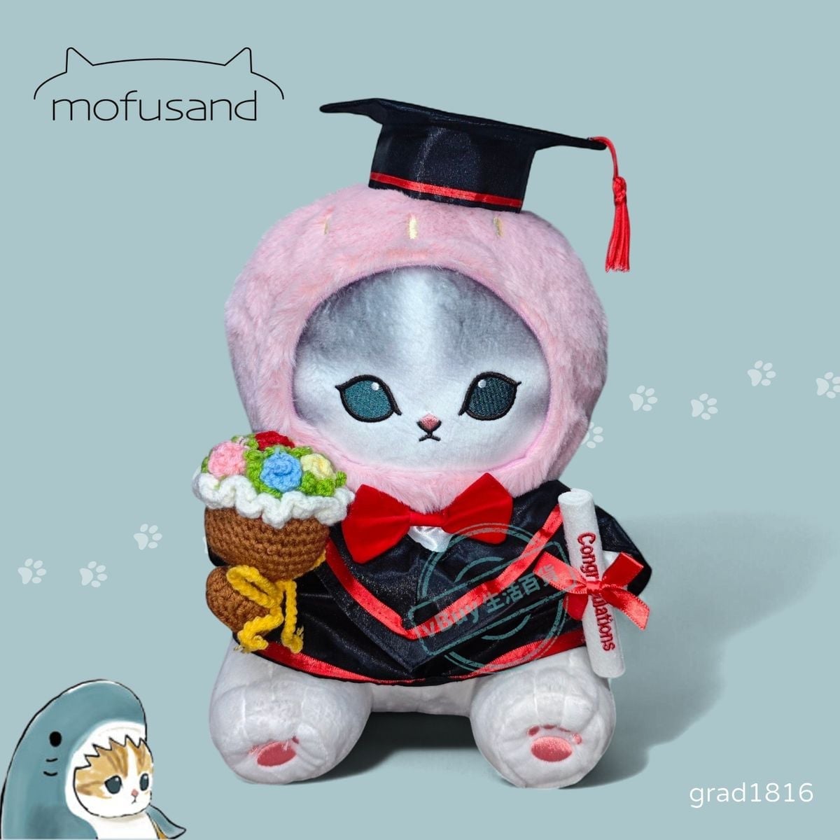 正版 mofusand 鯊魚貓畢業公仔 粉色草莓頭｜手織花束＋可加綉名｜生日禮物、畢業紀念推介【現貨發售】grad1816