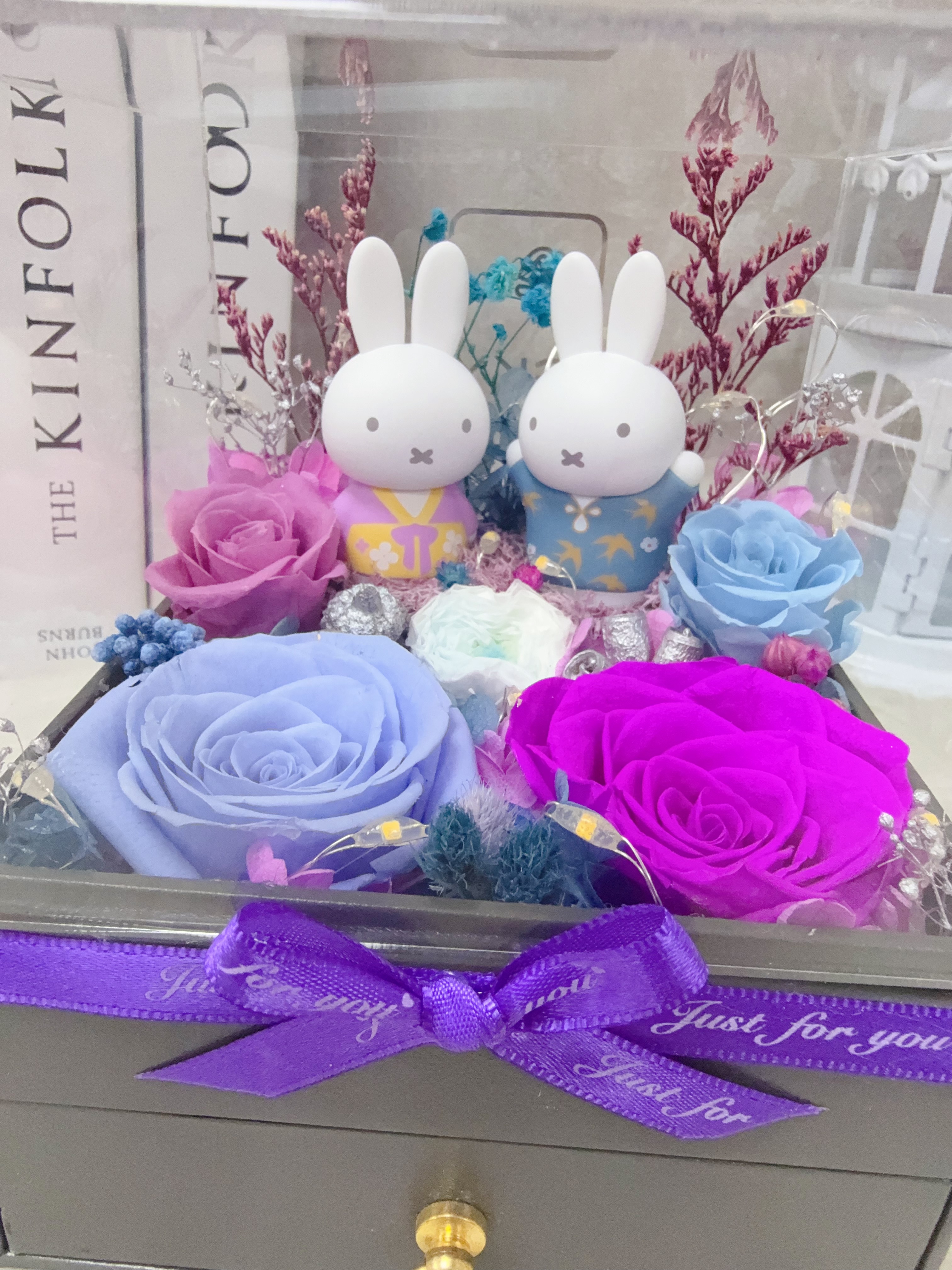 Miffy兔永生花藍紫玫瑰飾物盒