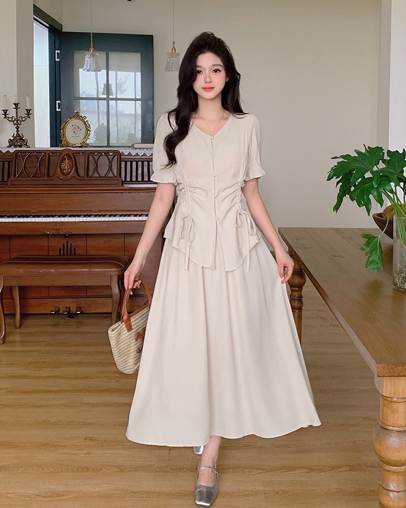 B202(63147) 韩系气质高级感双边腰抽绳褶皱上衣与长裙黑杏套装