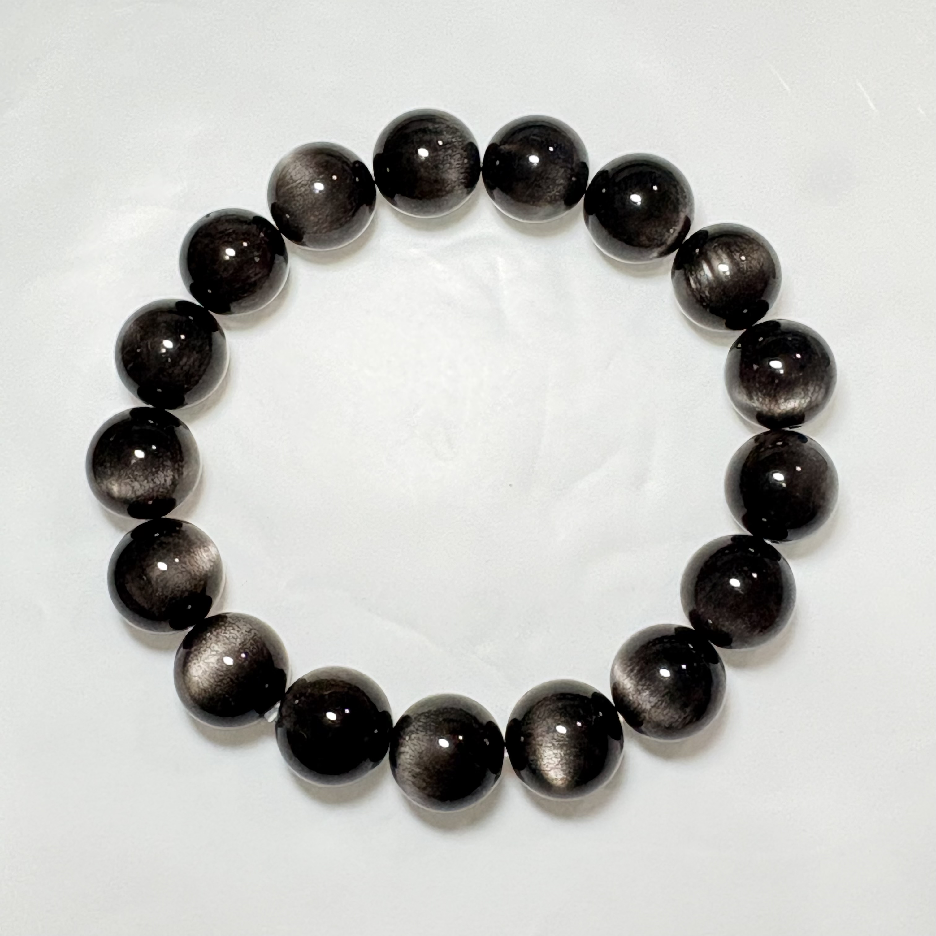 【擋煞】銀黑曜石手串No.4593丨精品猫眼級✨丨12mm珠16.5-17cm手圍