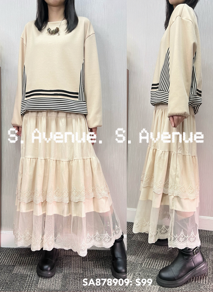 SA878909: 長袖鬆身下拼條子束腳tee