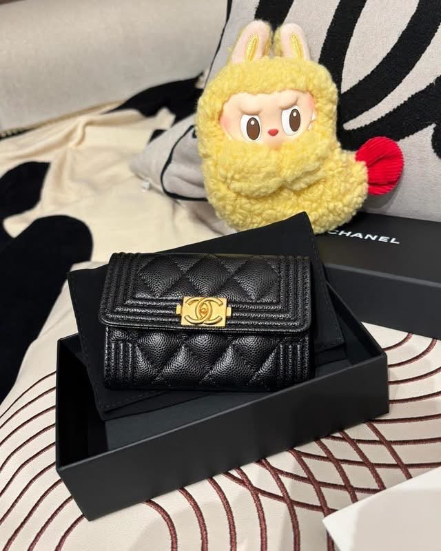 全新 Chanel boy card holder 黑色魚子醬牛皮復古金 100%Authentic, 全新貨品 ✅chip, ✅dust bag ✅box