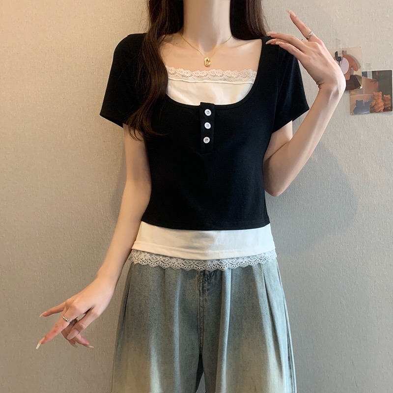 B272(16200) 韩系温柔风假两件拼里白蕾丝边小钮领显瘦黑上衣 