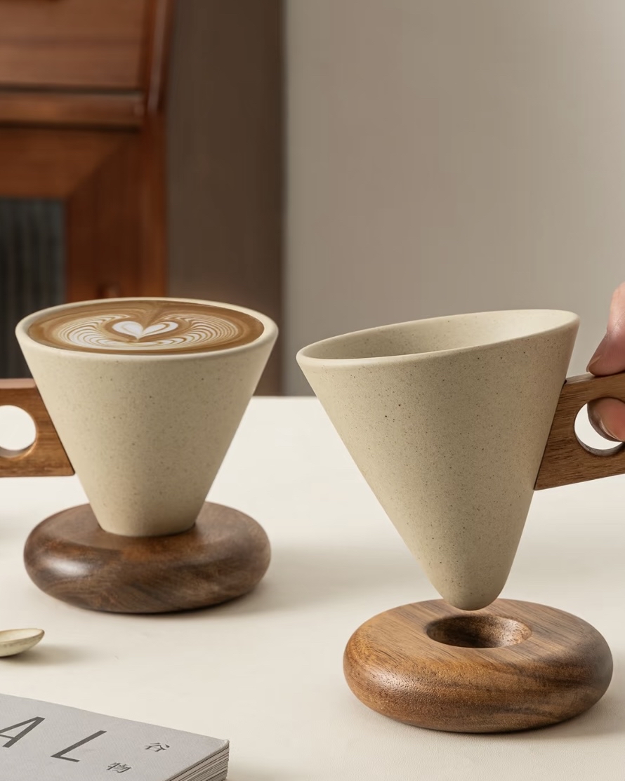 復古芝麻釉・甜筒實木咖啡杯碟組