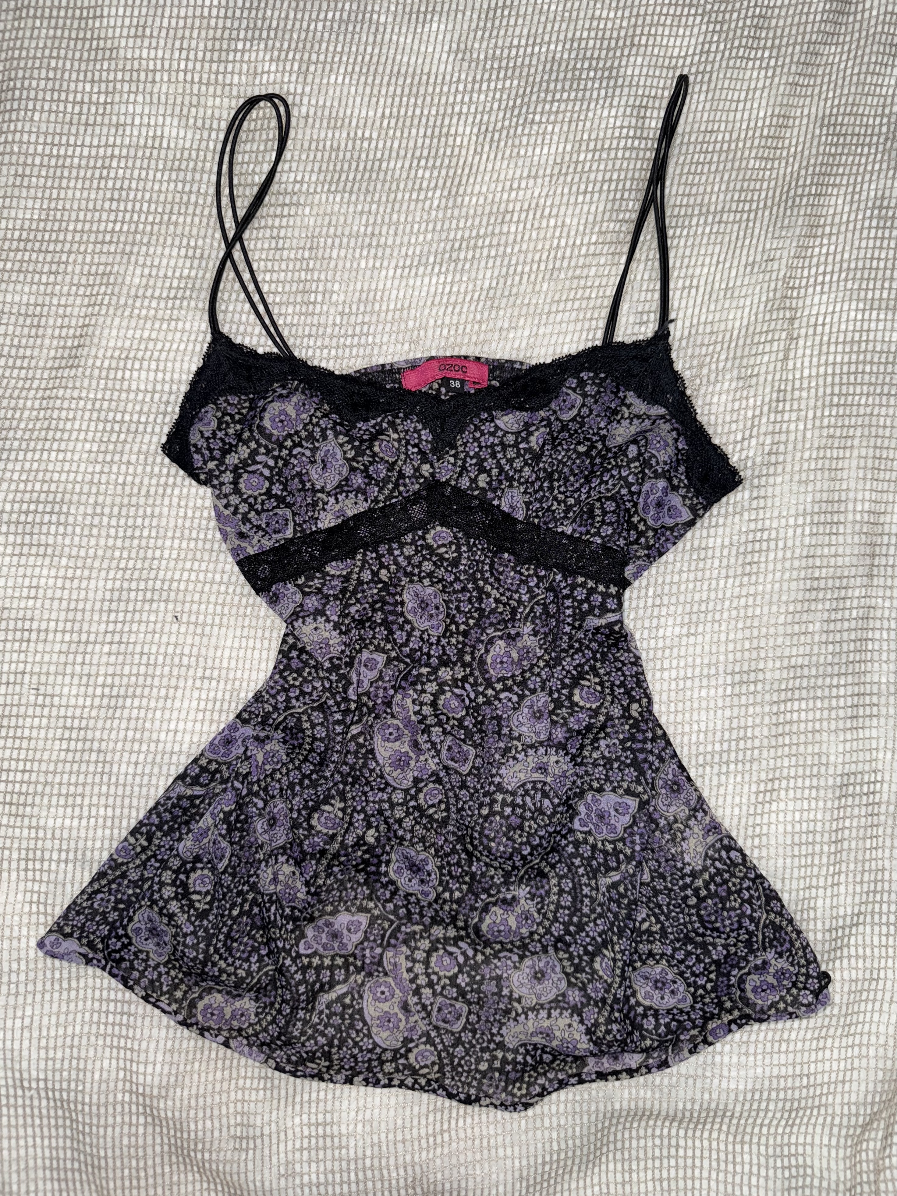 Gothic Purple Floral Lace Trim Camisole Top