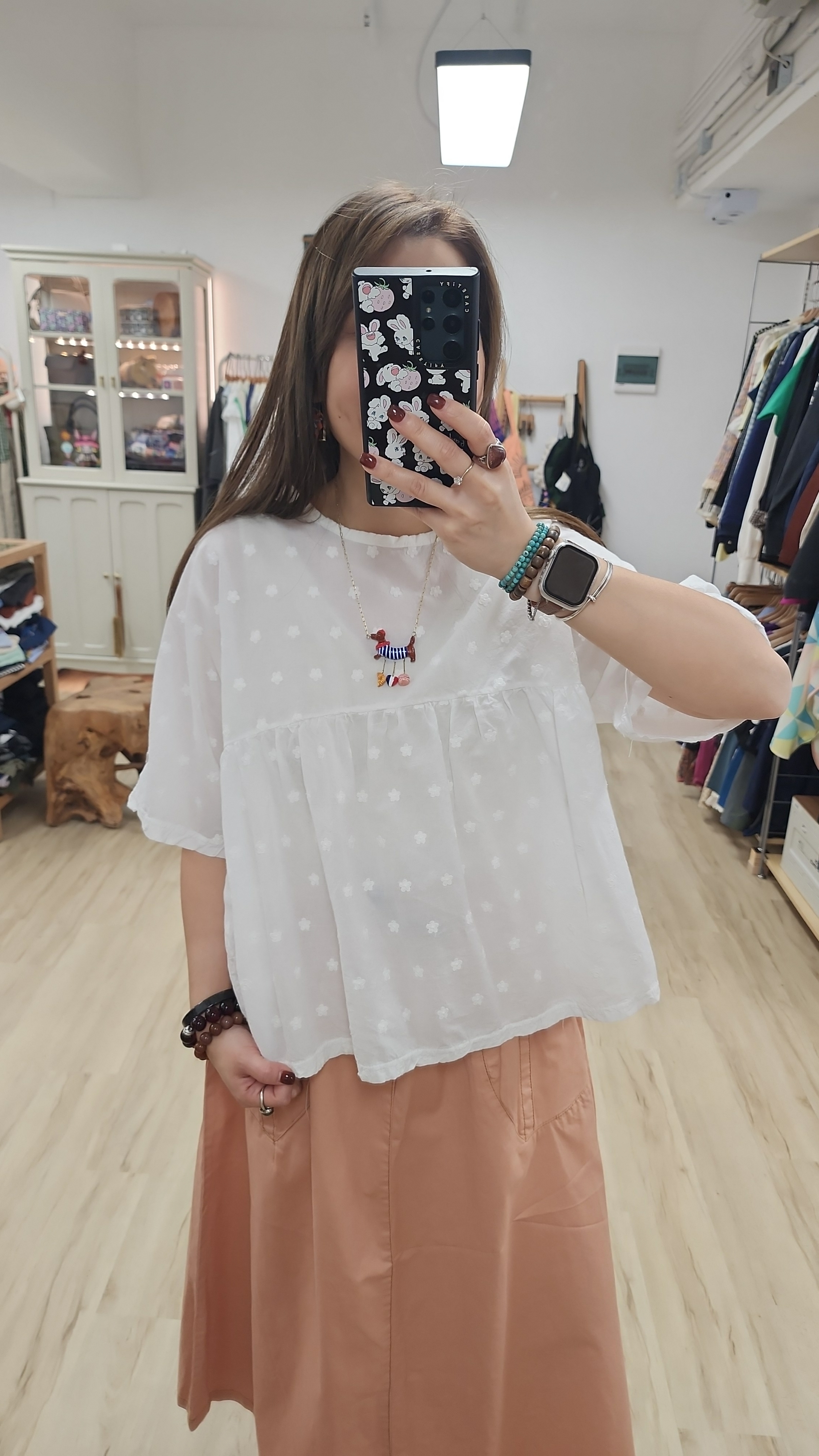 韓國白拼暗花刺繡Ruffle棉麻衫