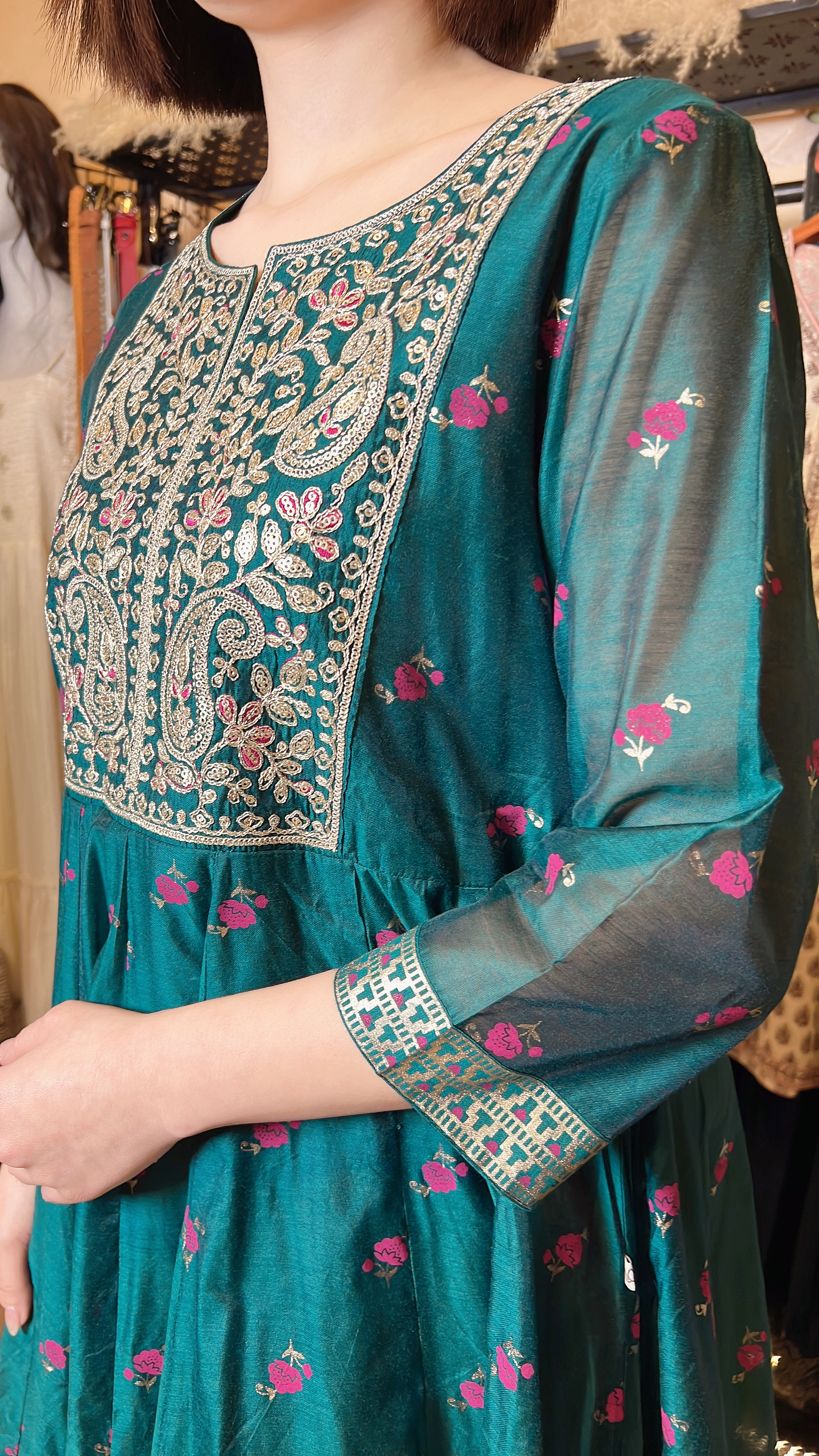 Peacock Green Heavy Emb. with Pink Rose SIlky OP #1070