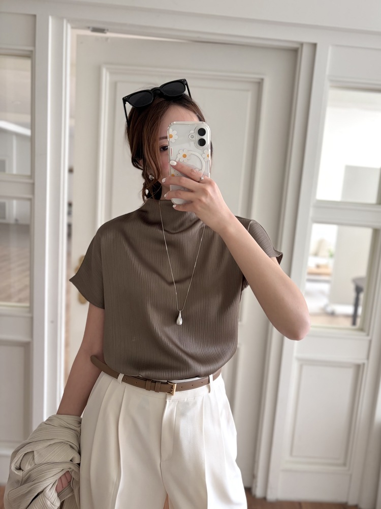 Claudette Silky Pleated Top (Brown)