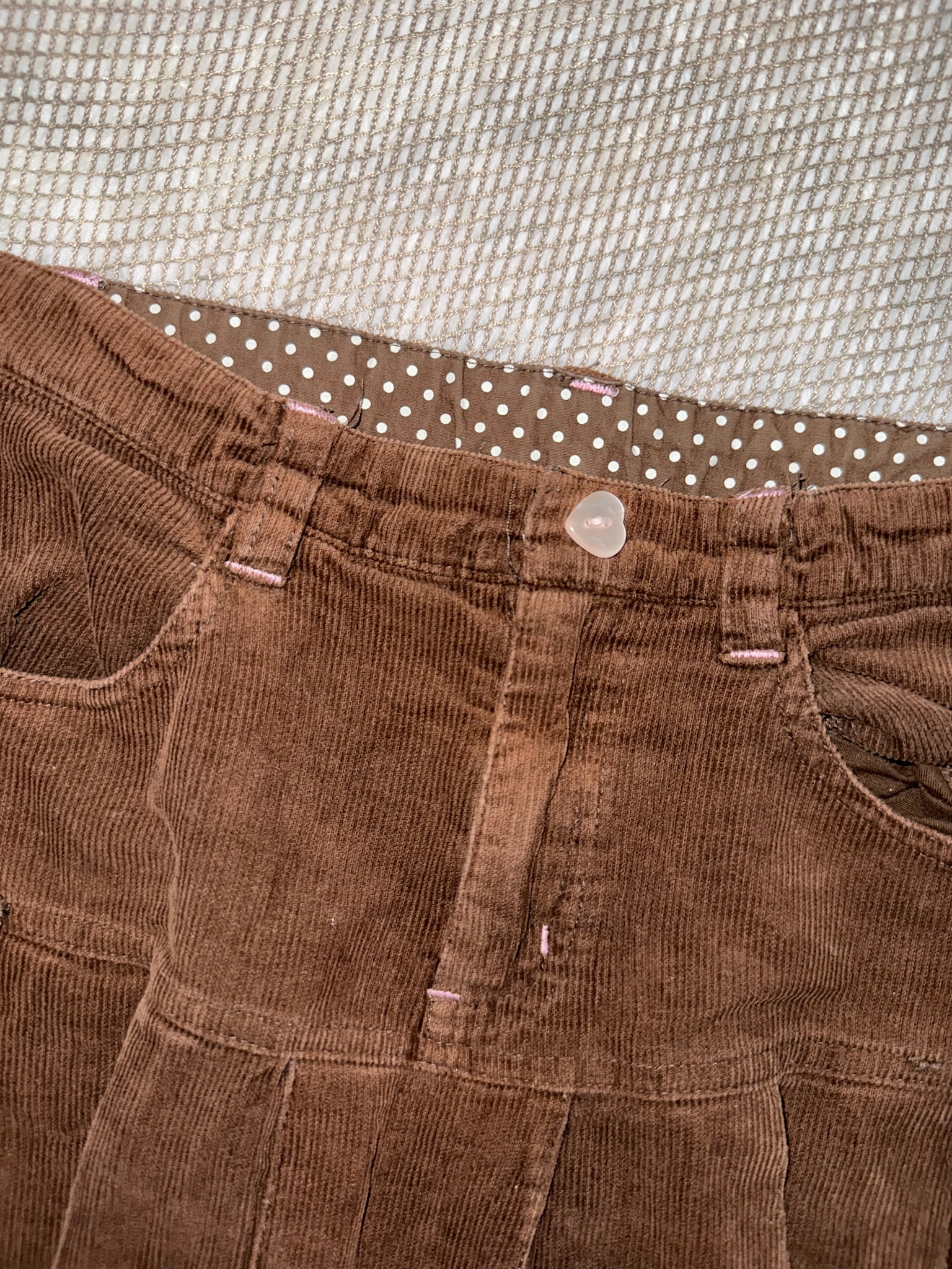 Brown Corduroy Pleated Mini Skirt with Side Bows and Polka Dot Lining