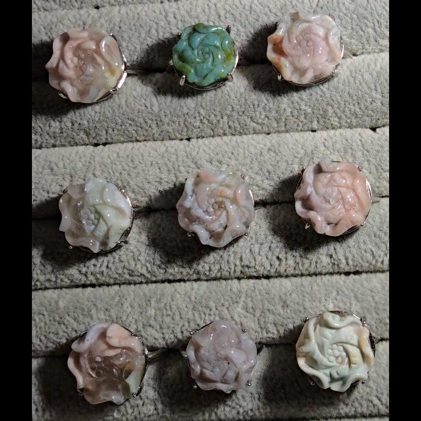 Flower agate flower rings in adjustable sterling silver - JW12
