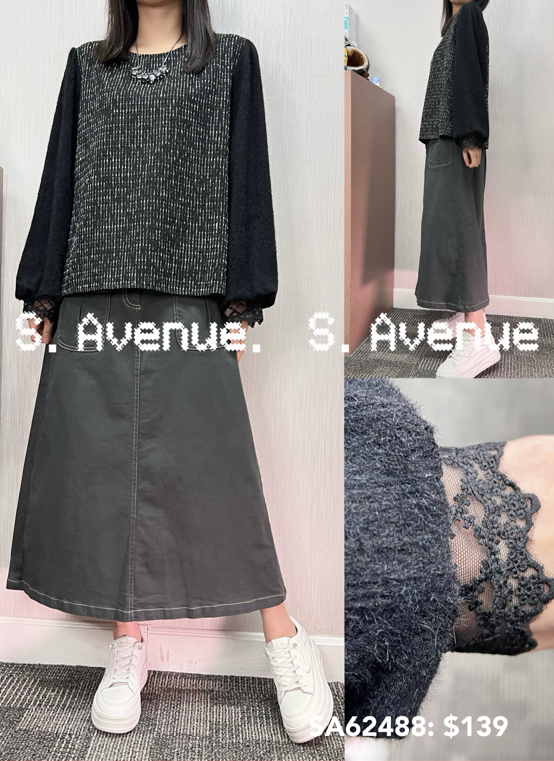 SA62488: 長袖lace燈籠袖衫拼tweed料top