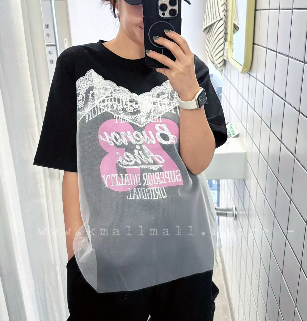 🌼初春優惠🍀 英文字拼LACE網紗Tee