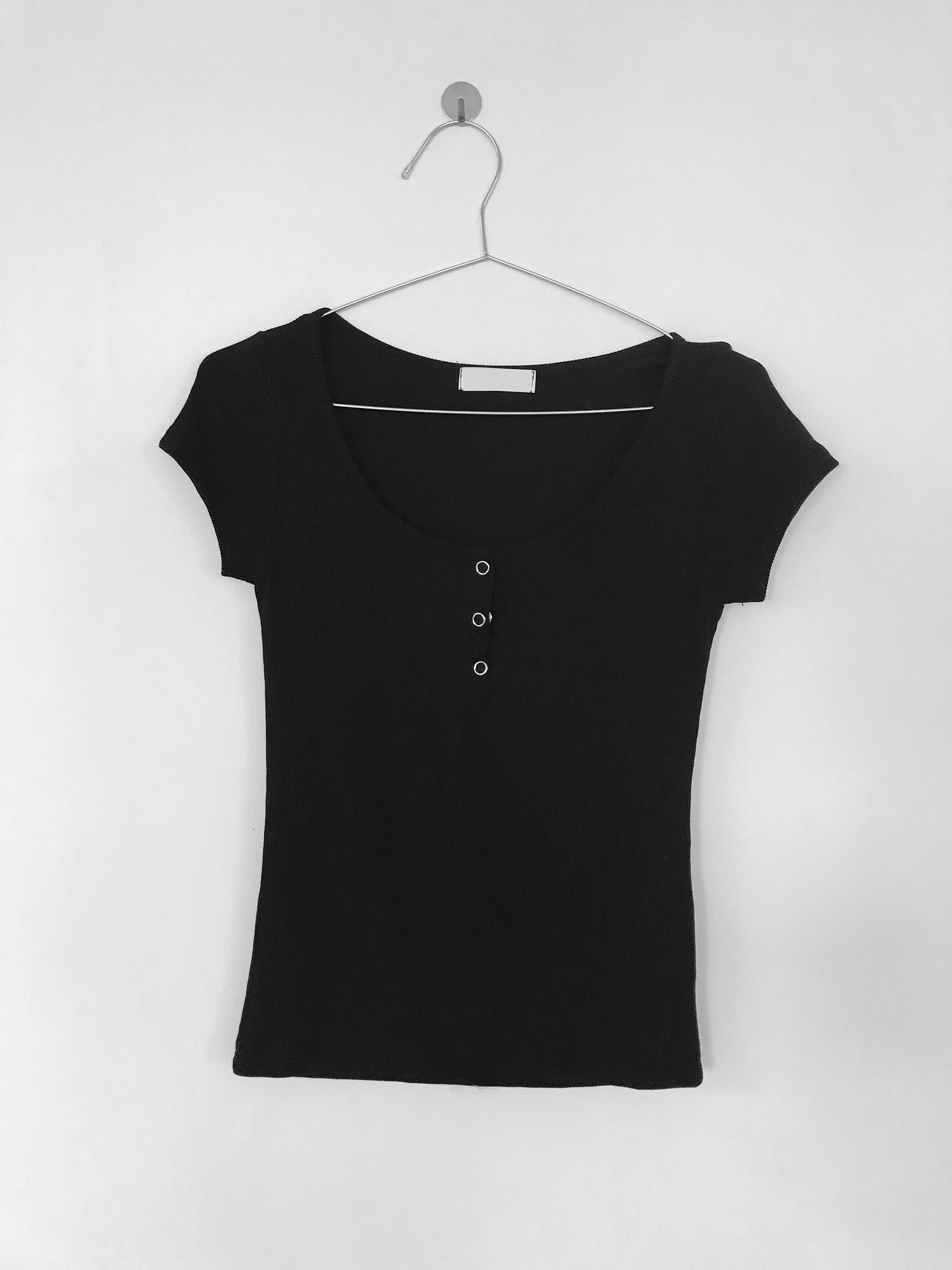 Scoop Neck Ribbed Button Short Sleeve