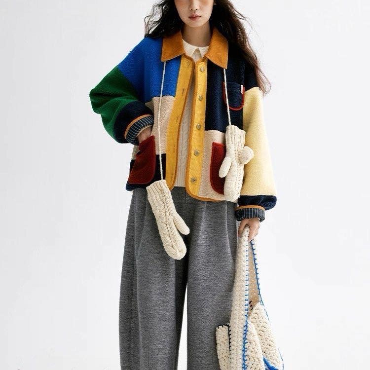 日系女裝羊羔併色褸