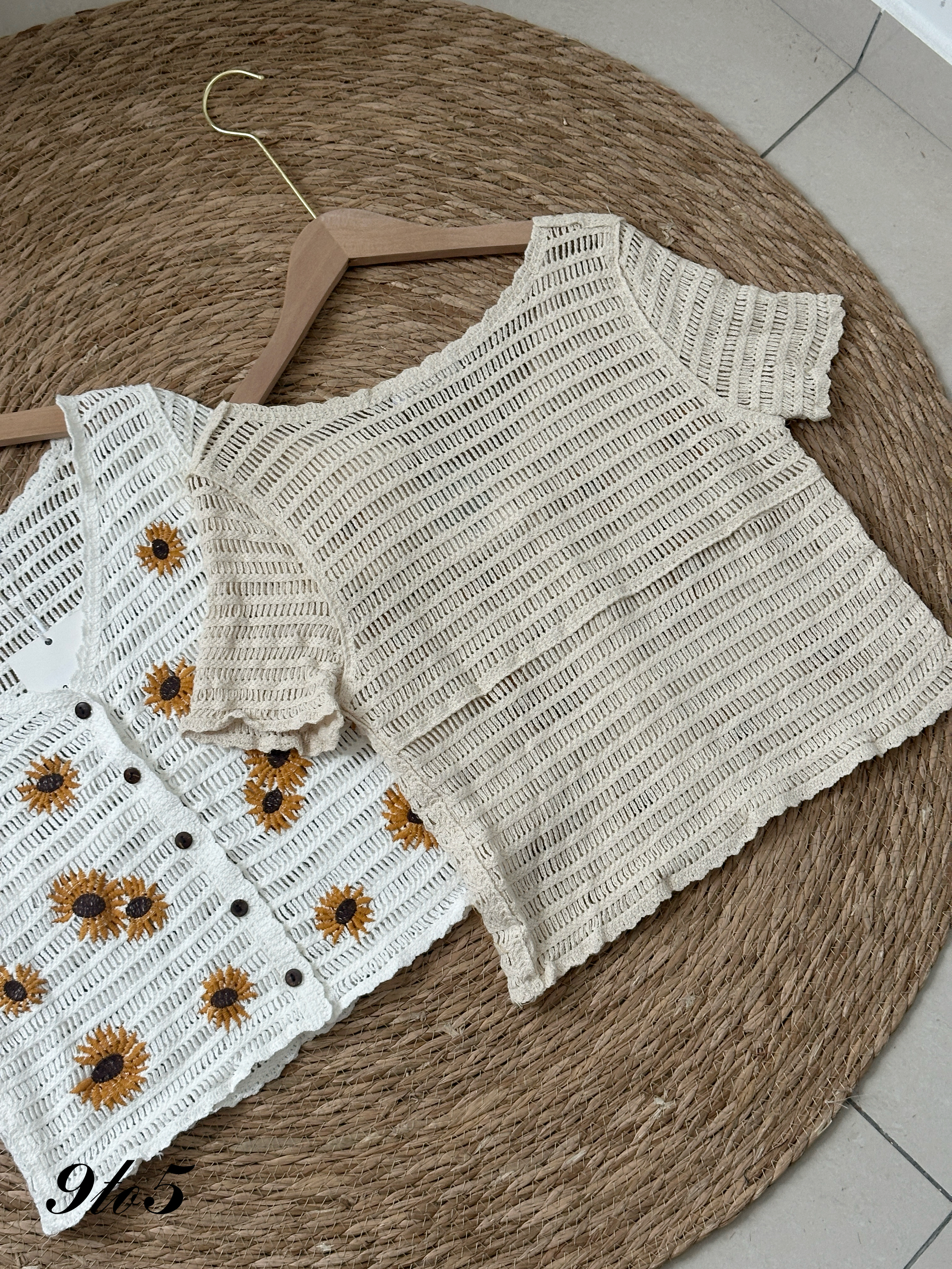 T4212 Sunflower Open-knit Cardigan - Beige & White