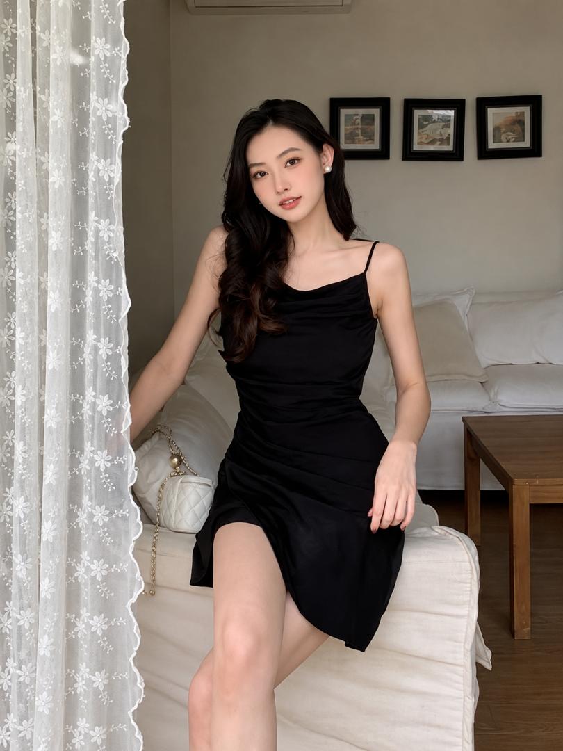 A240020 French-Inspired Sexy Off-Shoulder Ruched Bodycon Mini Dress with Spaghetti Straps