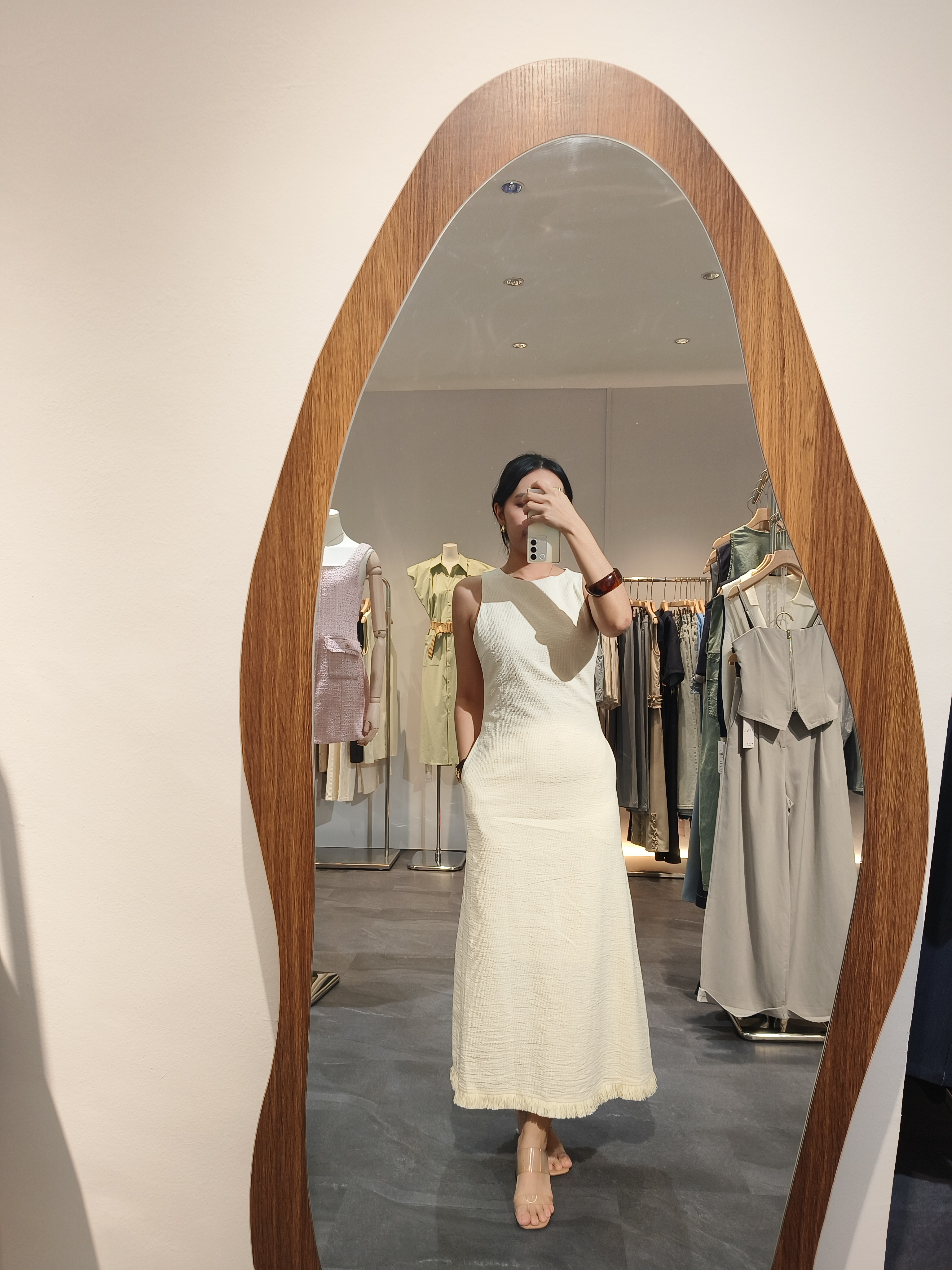 杏色棉麻流苏下摆连衣裙 Linen Fringed Hem Maxi Dress