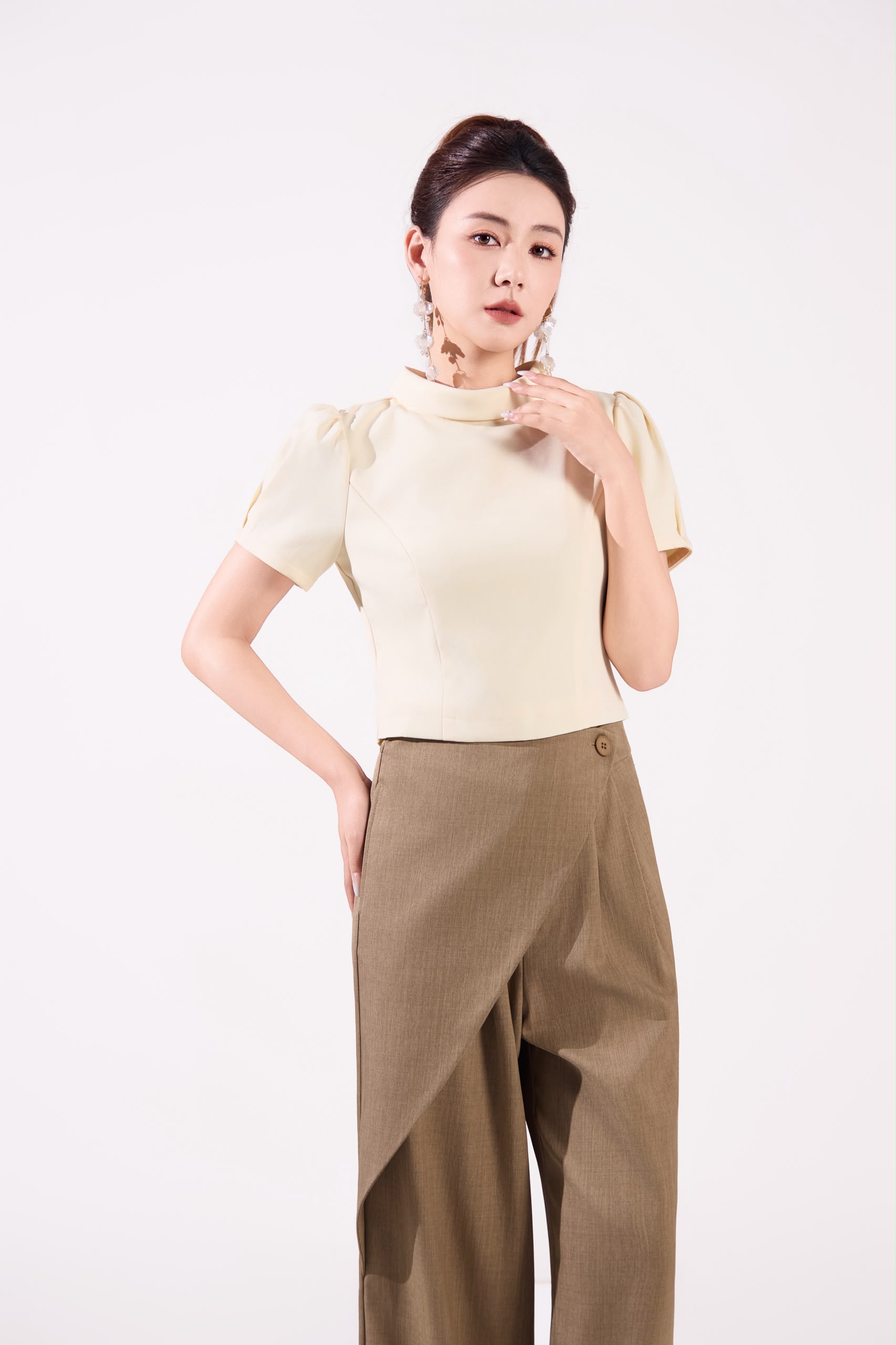 10141375 Elegant Mock Neck Puff Sleeve Top