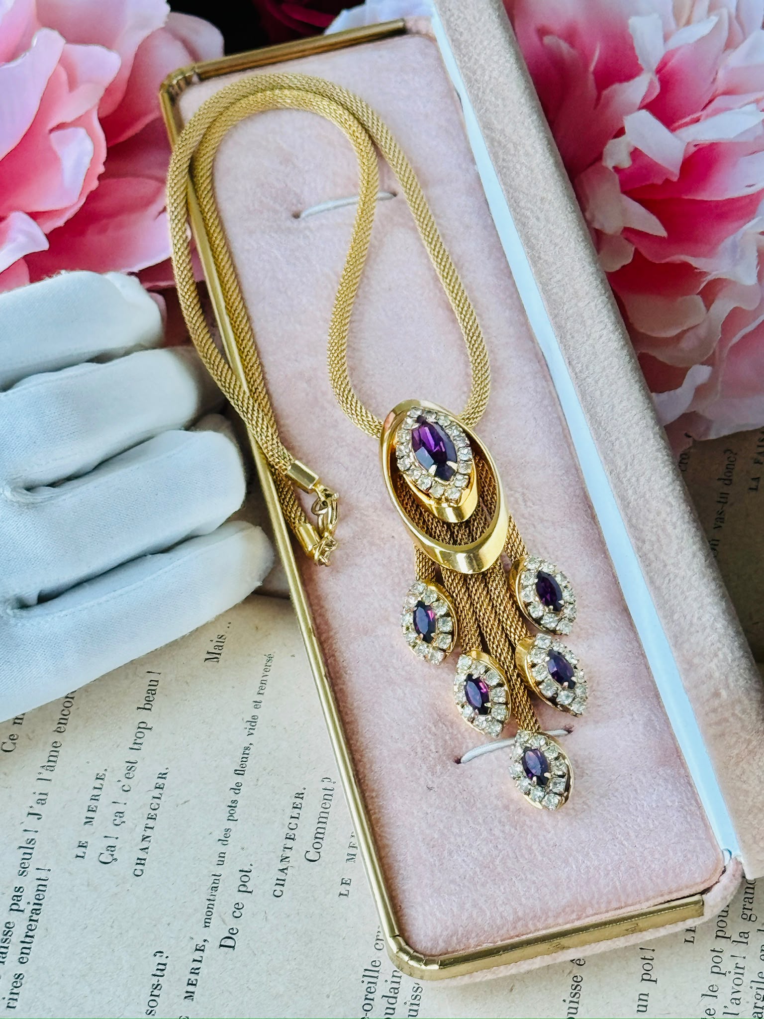 Rare !1960s Possibly "Kramer of New York" Amethyst Glass Tassel Necklace(MT2646)
