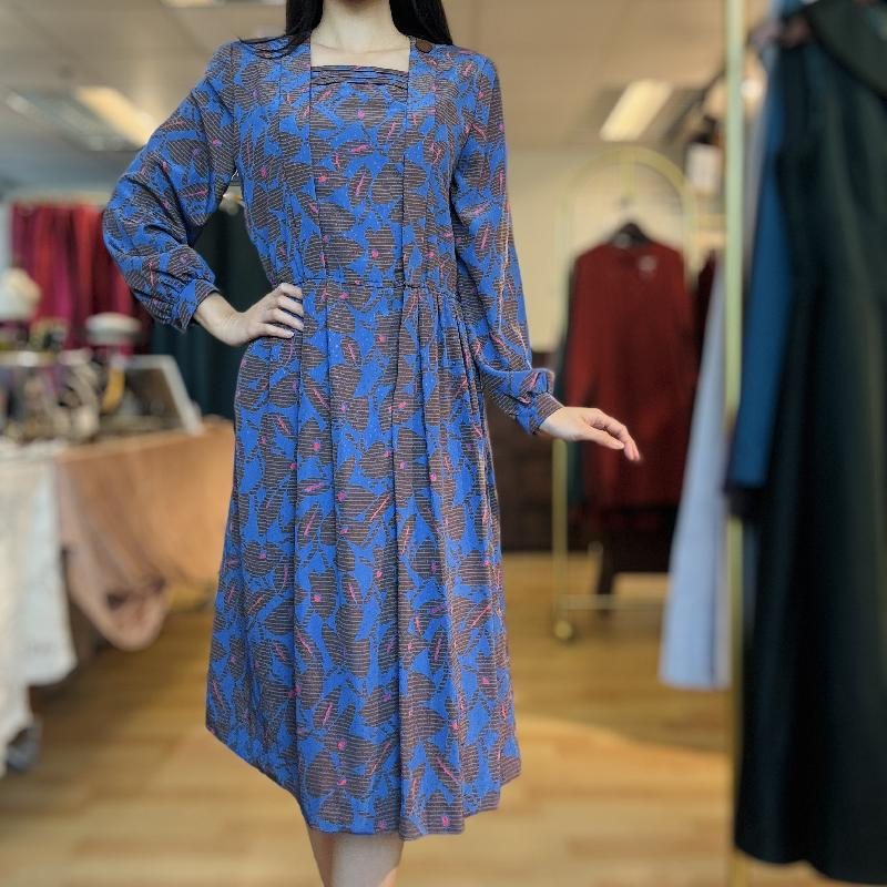 Vintage Japanese Royal Blue Leafy Pattern Day Dress (PP001-19)