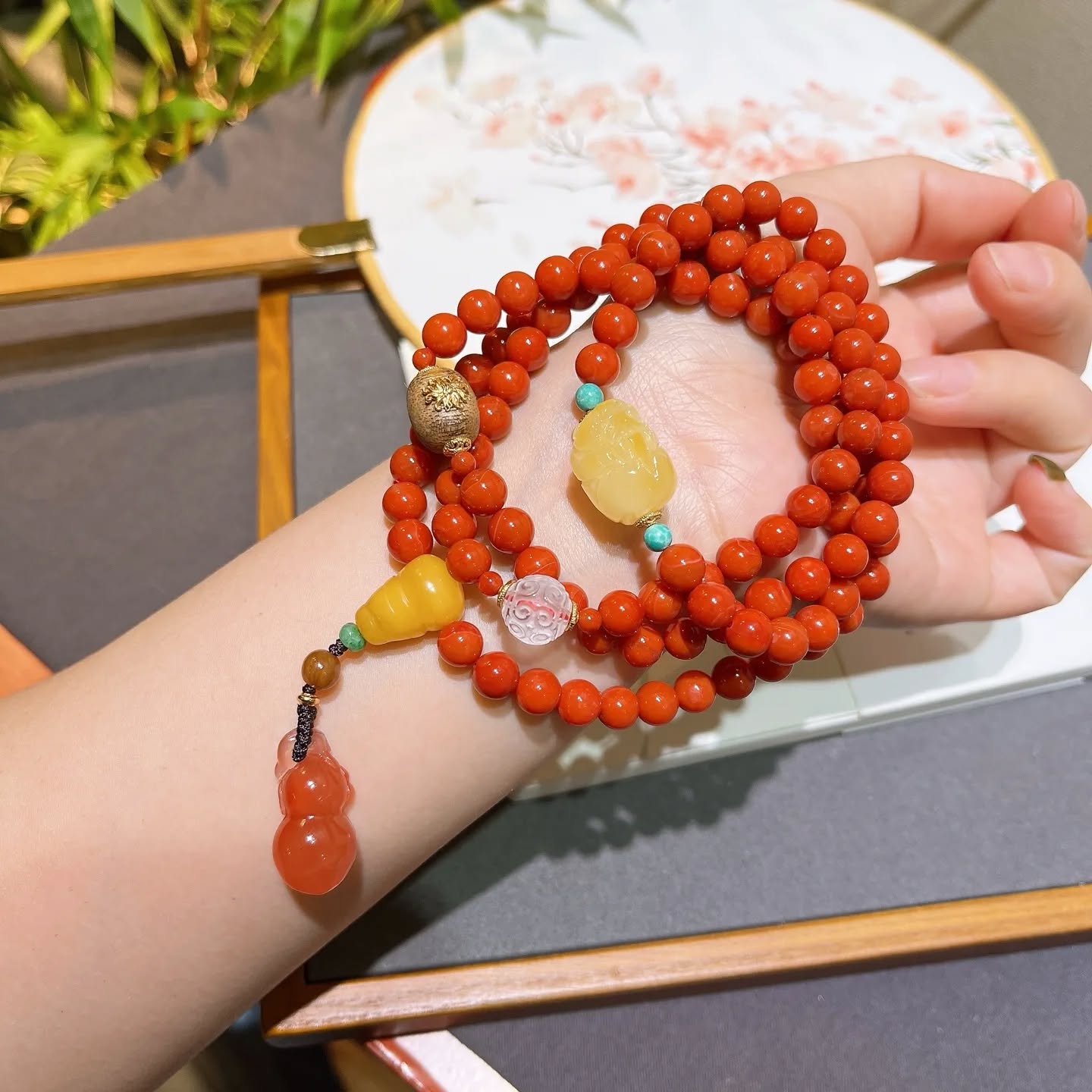 精品 ！ 天然南紅108顆多圈手鍊/項鍊