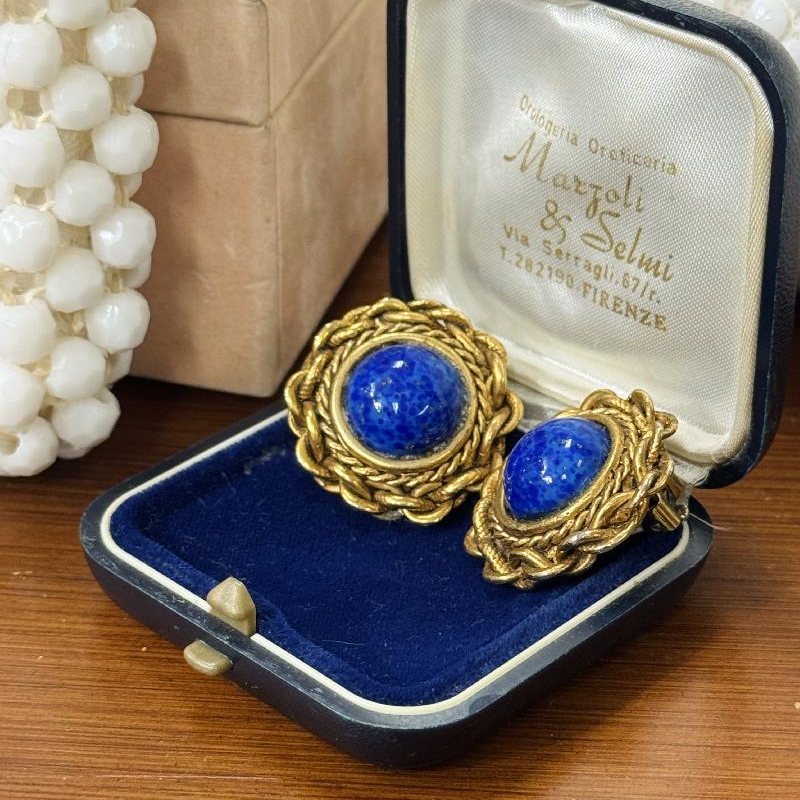 Vintage Lapis Blue Glass Stone Clip Earrings from Germany (NZ015-4)