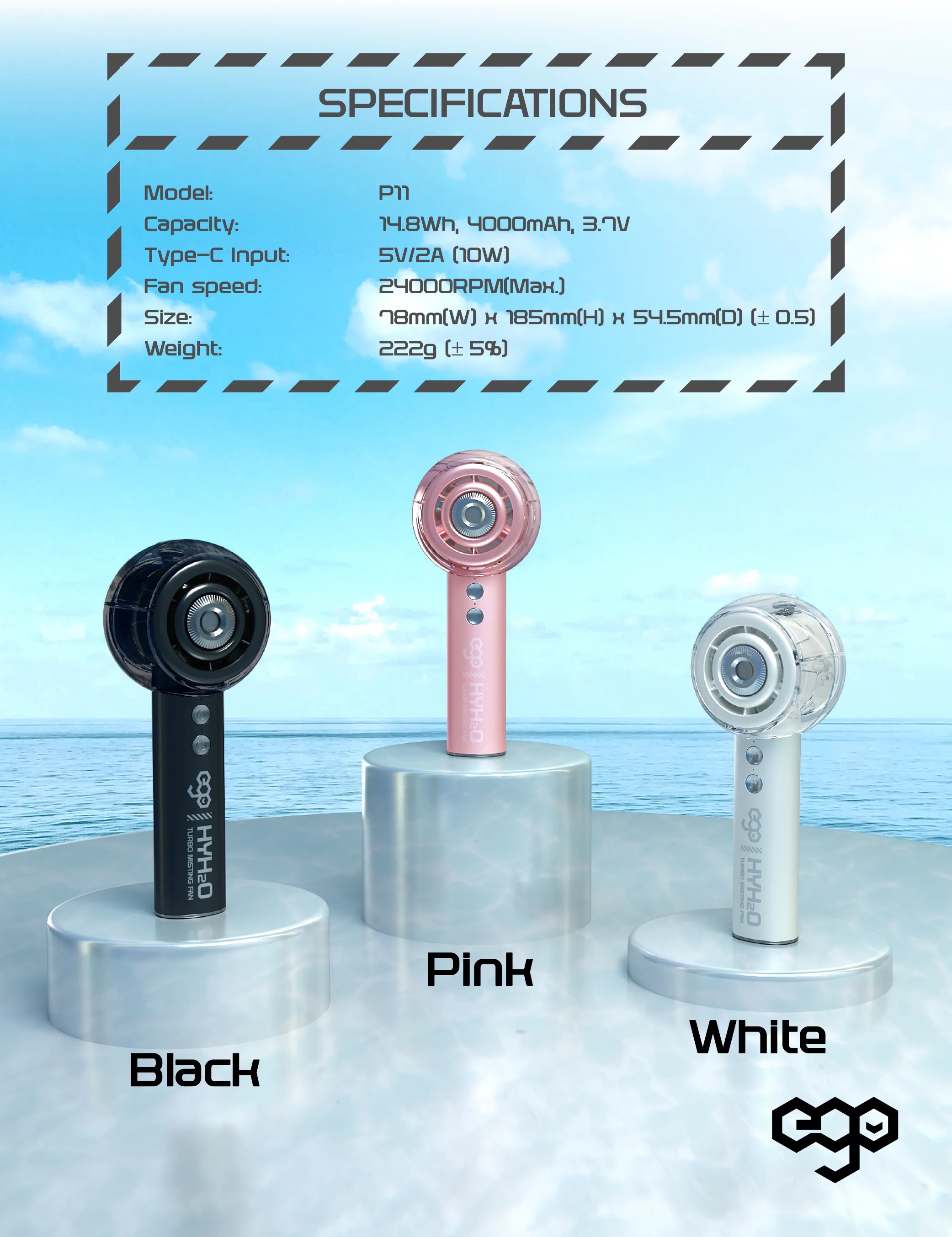 ego - HyH2O 噴霧水冷風扇 手提風扇 噴霧水冷 | 補濕美容 | 強勁風速 | 18小時長氣