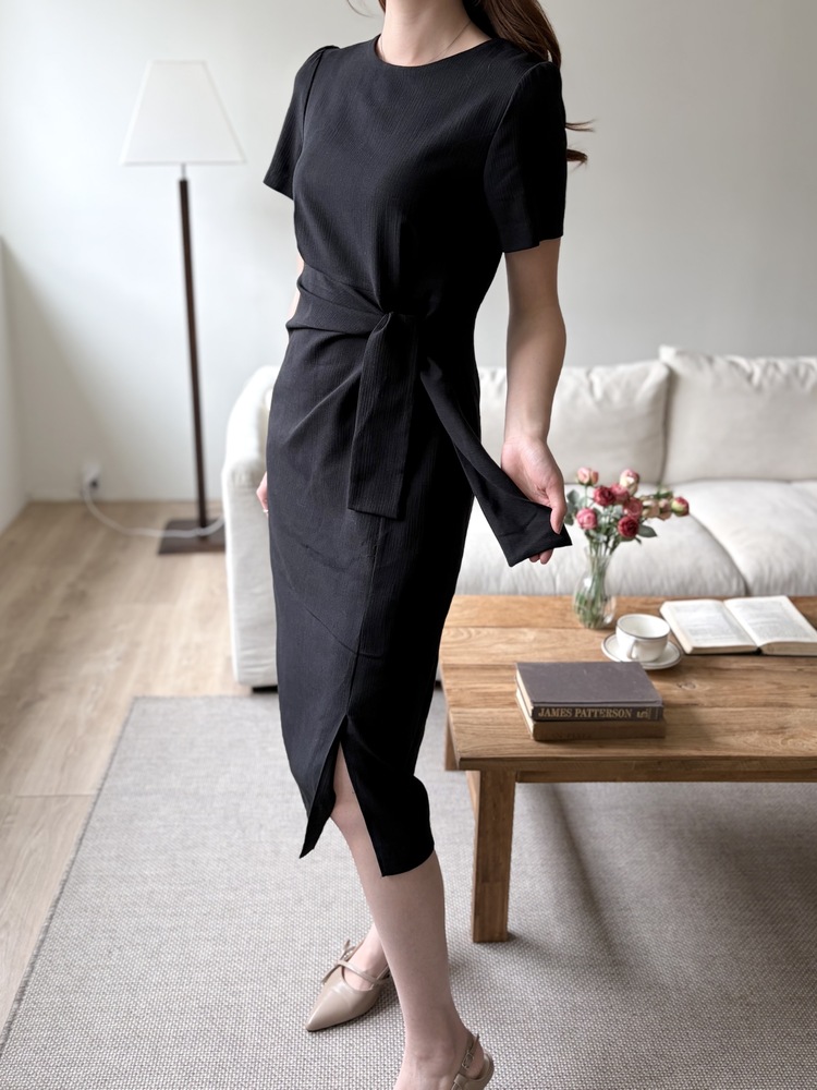 Elise Draped Slit Dress (Black)