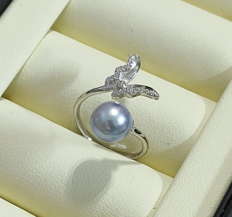 正圓極光日本真多麻海水珍珠精工S925銀微鑲鋯石蝴蝶開口戒指