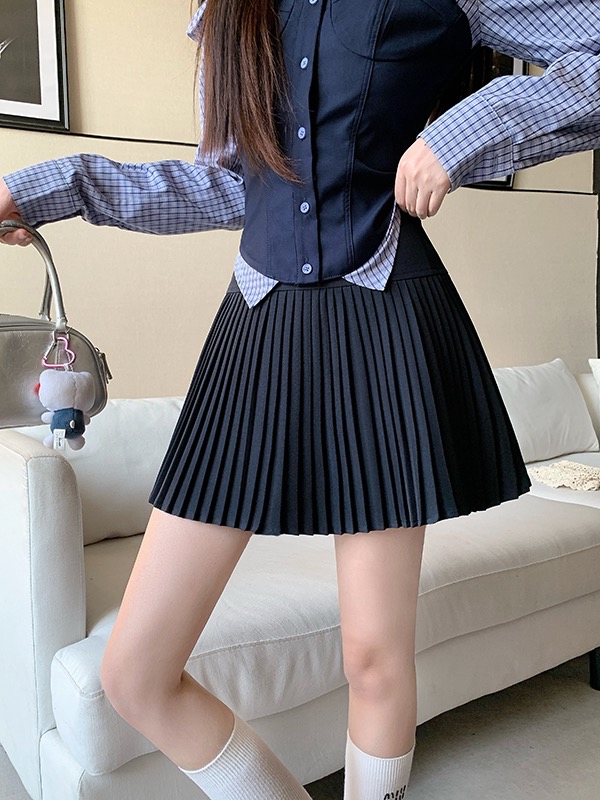 B60(3915) 韩版高腰大版下摆压褶细百褶4色短裙