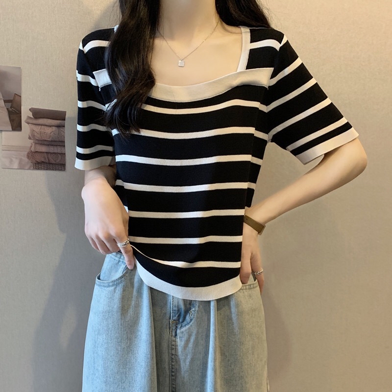 B246(1006) 韩版撞色横纹显瘦下摆圆角冰丝针织黑上衣 