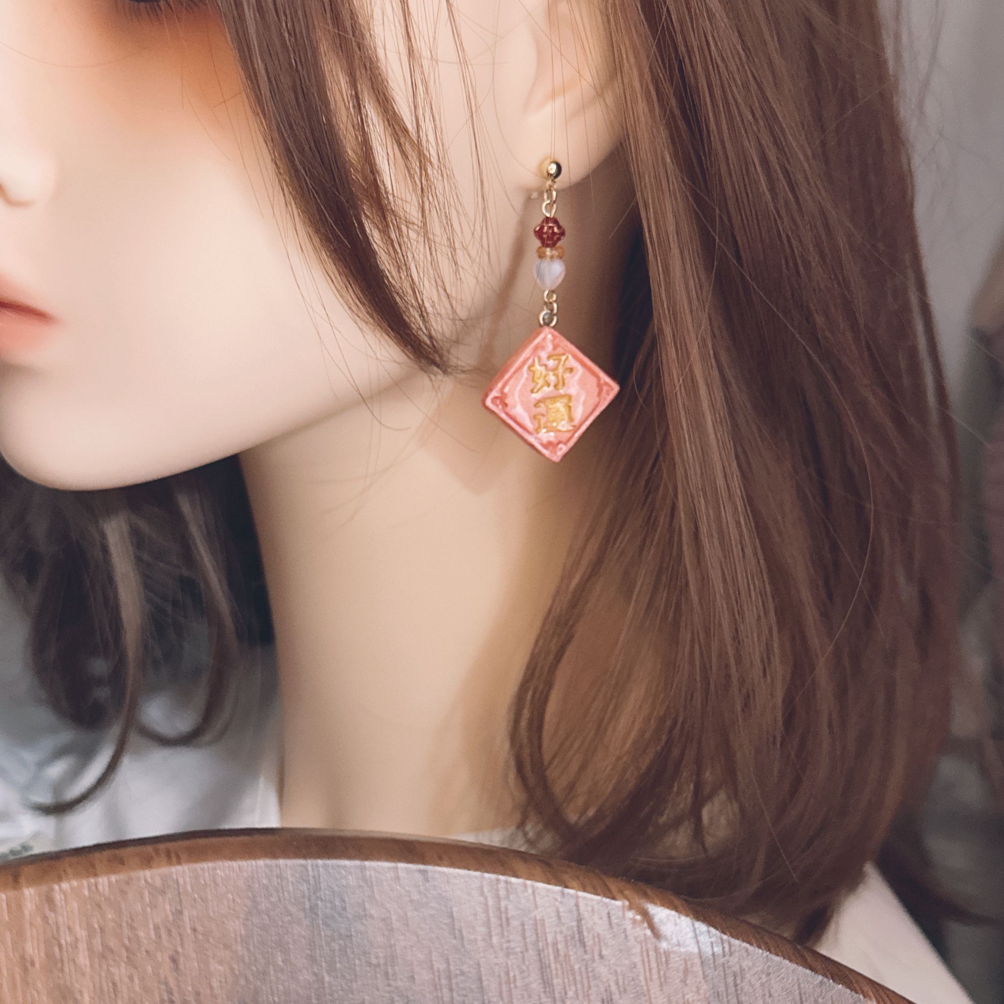 手繪 吉祥好運小揮春耳環