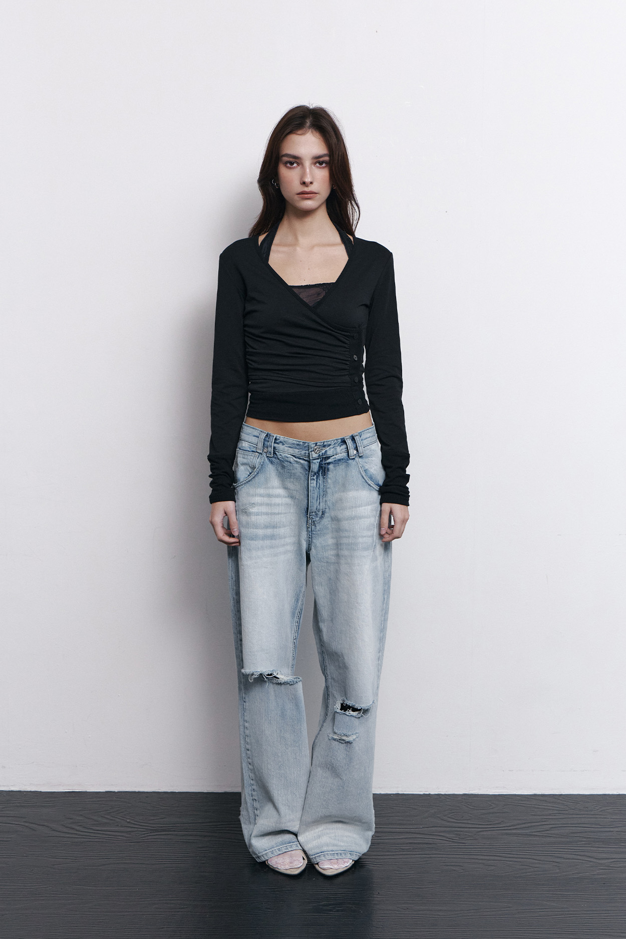 pleaseNOFOLLOW - Selena Button Wrap long sleeve Top (Black)