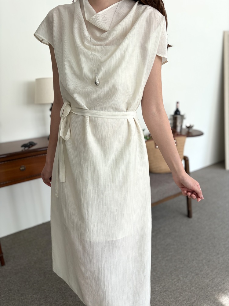 Draped Neck Dress with Inner Slip (Cream)