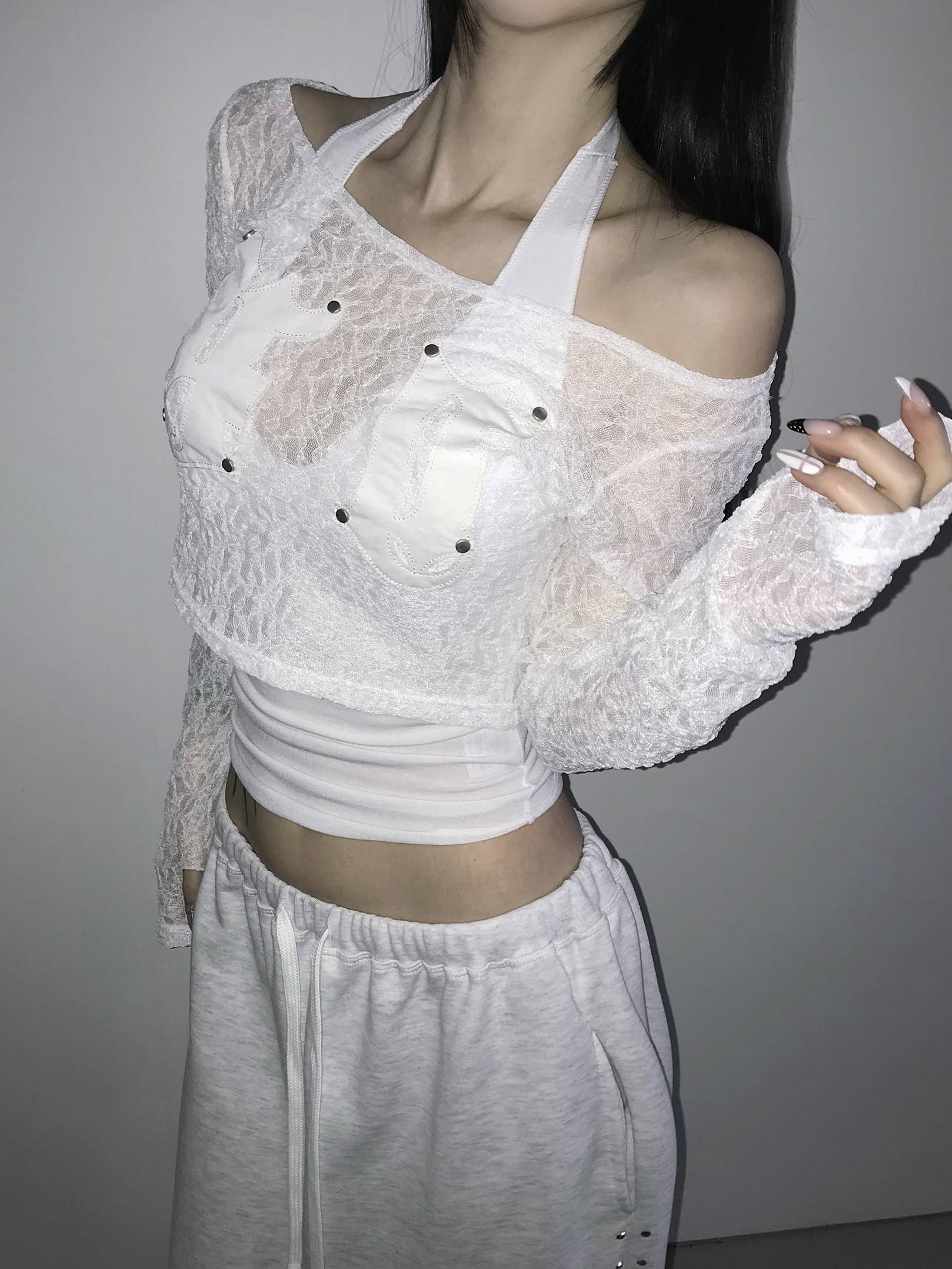 Sheer Lace Round Neck Crop Top