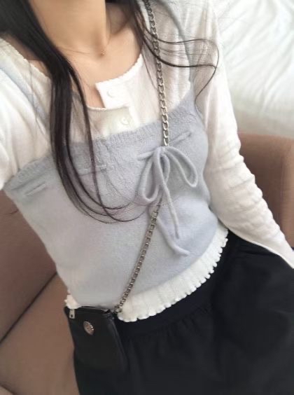 【 ⍤層次感恩物！Mohair泡泡感花邊🫧蝴蝶結吊帶背心🩵】 Bang Bang Ribbon Tank Top(三色入)